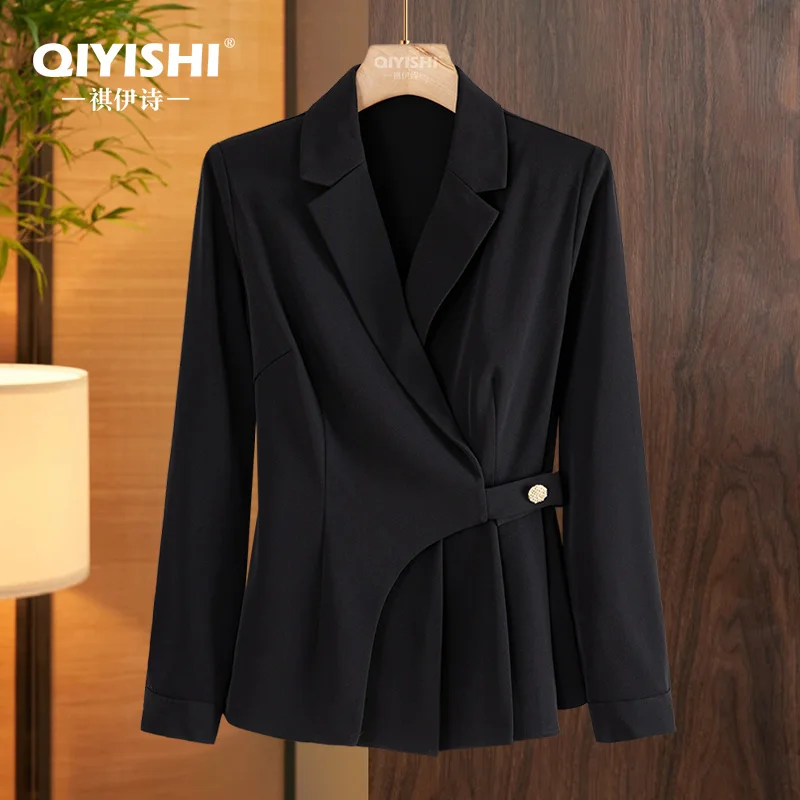 

2025 Fall New Women' Black Suit Collar Jacket Elegant Slim Short Style Coat Fashion Casual Working Female Tops