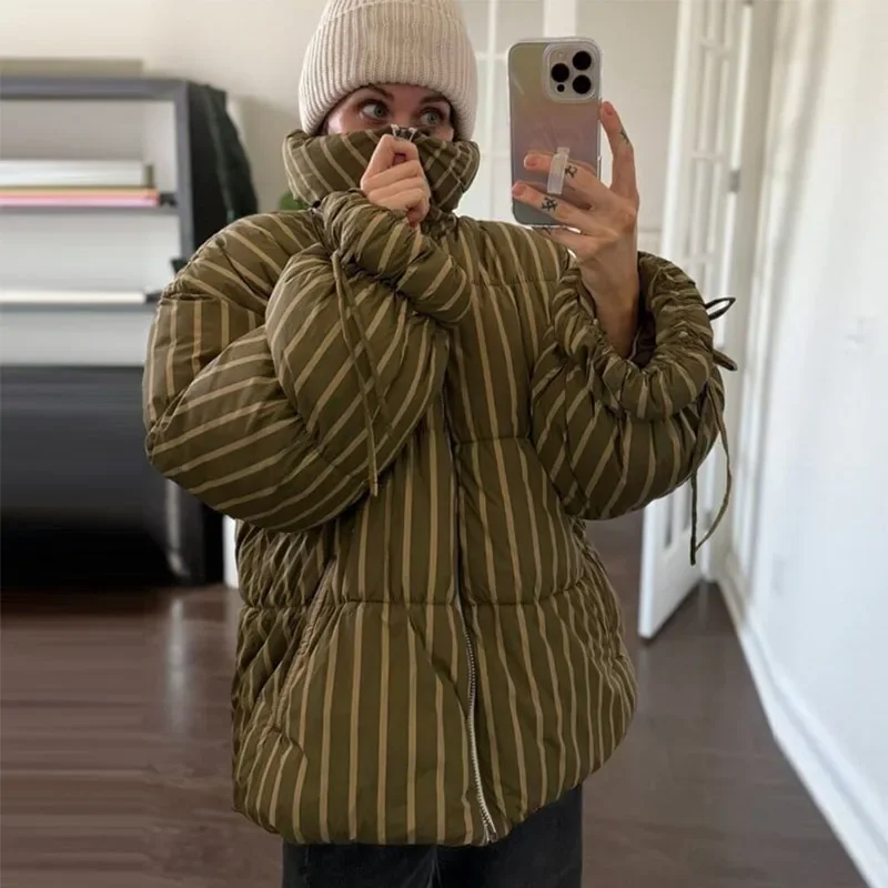 2025 nova senhora quente outwearloose listrado algodão acolchoado casaco feminino inverno zíper lanterna manga rendas turn down collar jaqueta