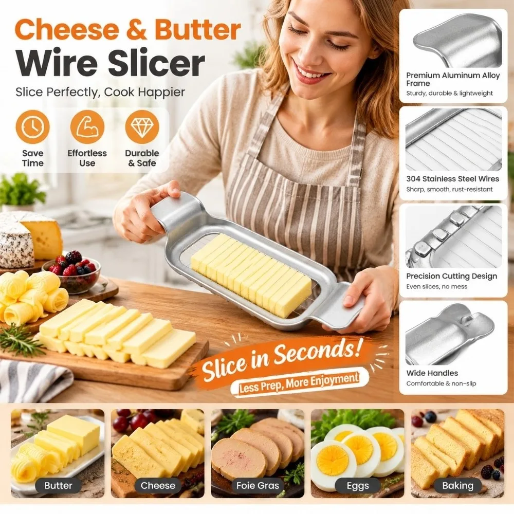 2-in-1 Butter Slicer & Cheese Cutter with Handle Uniform Slicing Wire Butter Slicer Kitchen Tool Stainless Steel Cheese Slicer