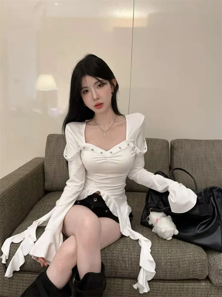 Y2k T Shirts Women's Clothes 2026 Long Sleeve Square Collar Chic Camisetas Korean Tees Crop Tops Ruffles Irregular Sexy T-shirts
