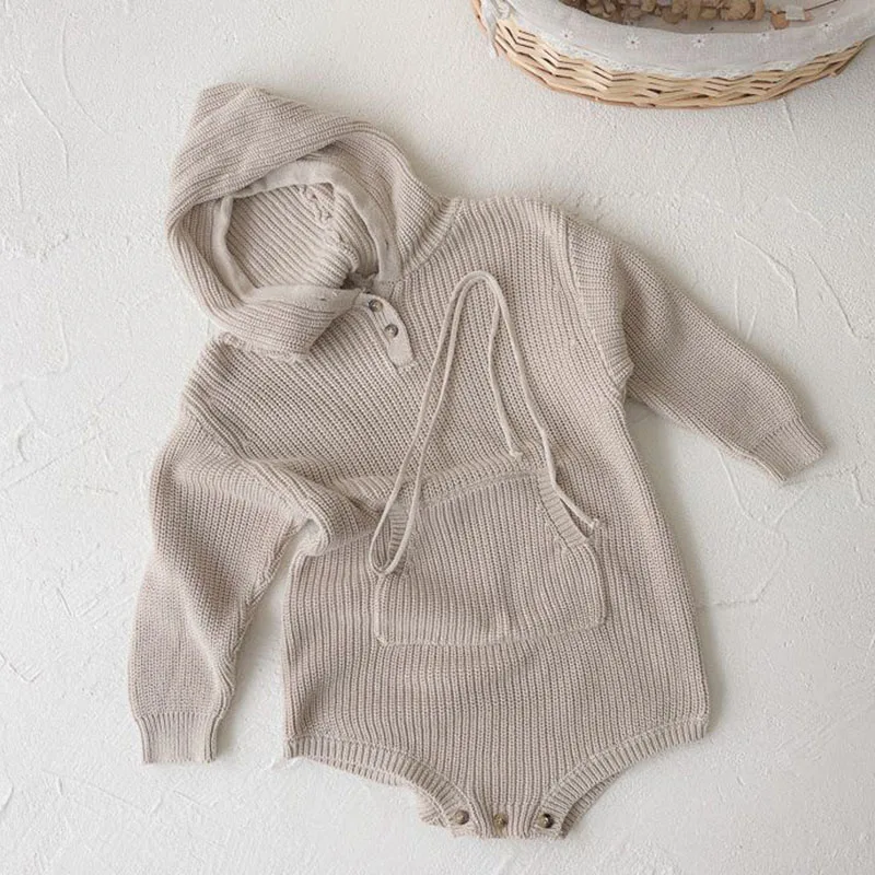 Autumn Spring Korean Style Knitting Climbing Suit Long Sleeved Solid Color Hooded Knitting Toddler Baby Boys Girl Romper