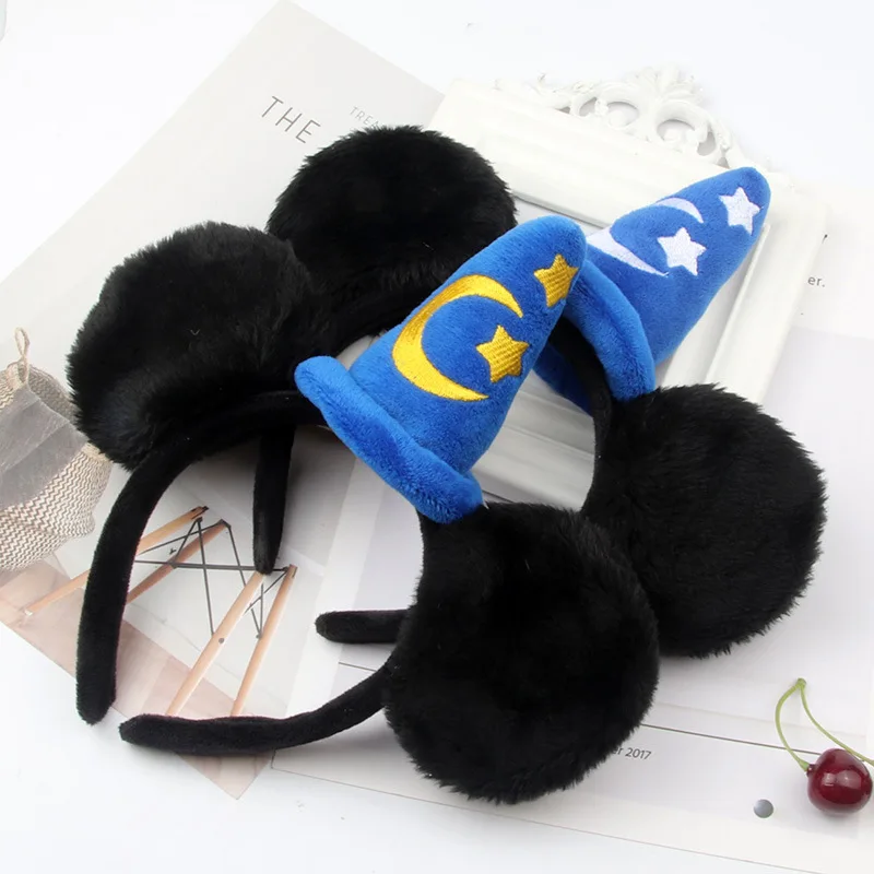 Disney-Diadema con orejas de Mickey Mouse para niños, accesorios para el cabello para fiesta de Cosplay, con lazo, Estrella y luna de dibujos