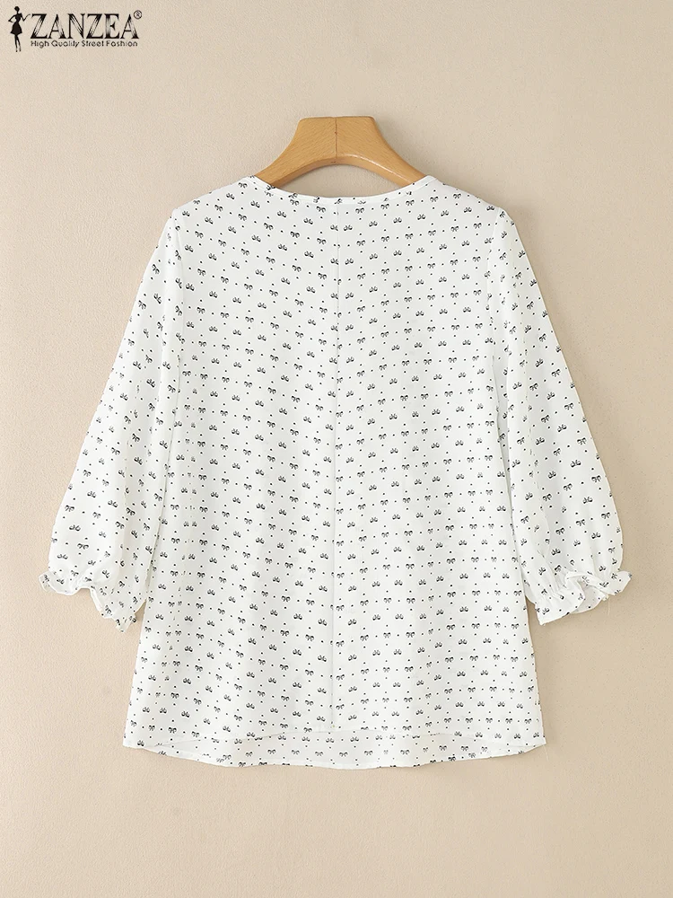 Zanzea babados guarnição blusas mulher moda o pescoço 3/4 puff manga arco estampas blusas mujer 2025 verão casual chemise femme