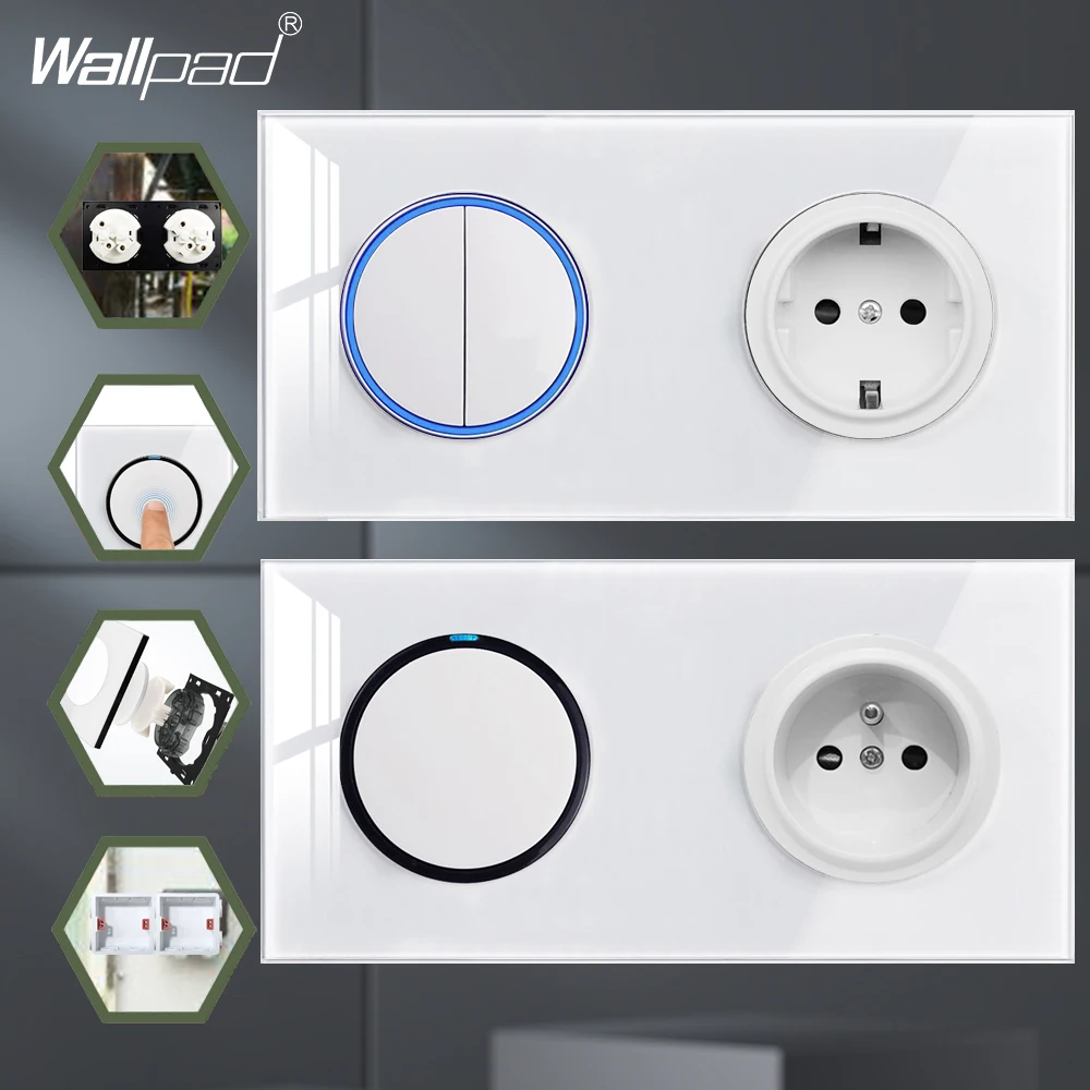 

White Glass Double Frame Wall Light Switch Pass through round Button with Electric Socket And Blue LED Indicator Home Decoration