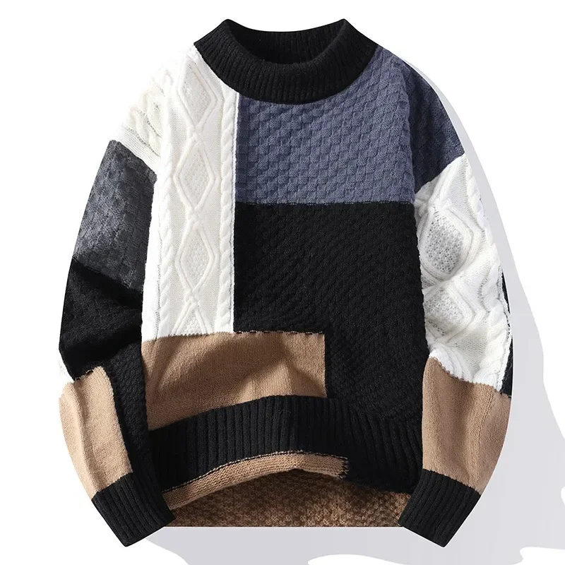 Autumn and Winter New Sweater Warm Fashion Stitching Color Matching Pullover Round Neck Sweater Thickened Knitted Sweater