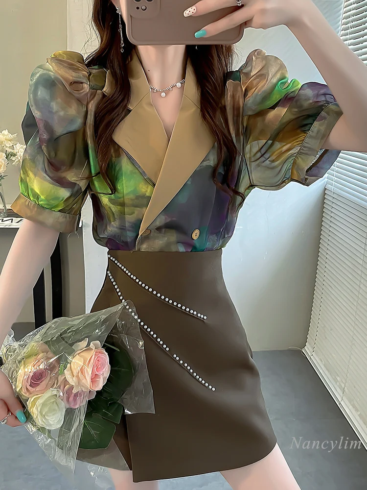 

Retro Tie-Dyed Suit Collar Short-Sleeved Blouse for Women Summer 2024 New Puff Sleeve Top Contrast Color Flower Shirt Top