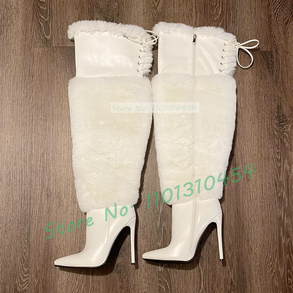 White Fur Wrap Over-knee Boots Women Fashion Winter Fuzzy Pointy High Heels Snow Boots Ladies Black Lace-up Warm Dress Shoes