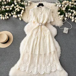 JAMERARY Summer Elegant Flower Lace Dress Women Black Pink beige Short Sleeve Single Breasted Belt Midi Shirt Dresses Evening