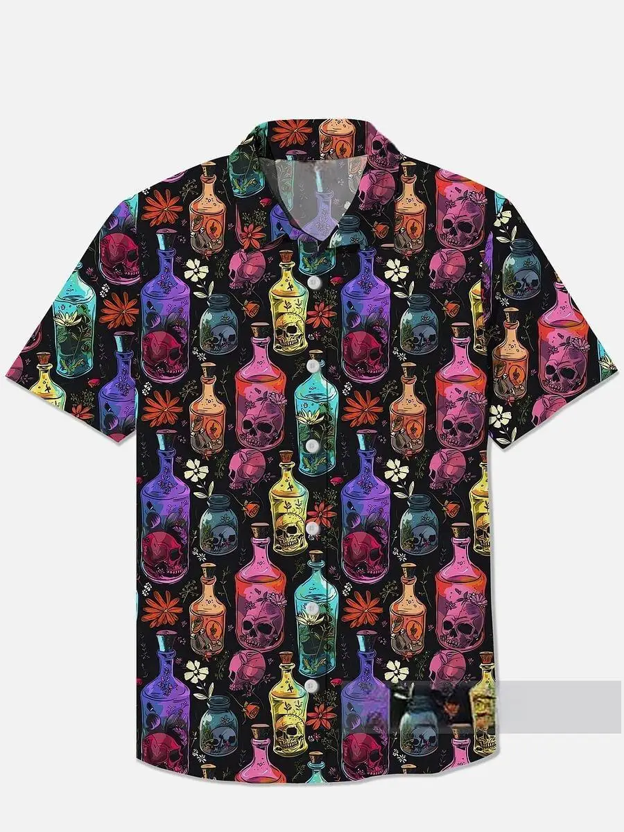 

Hawaiian vacation sunbathing skull print chest bag short sleeved shirt psychedelic color magic skull wine print short sleeved sh