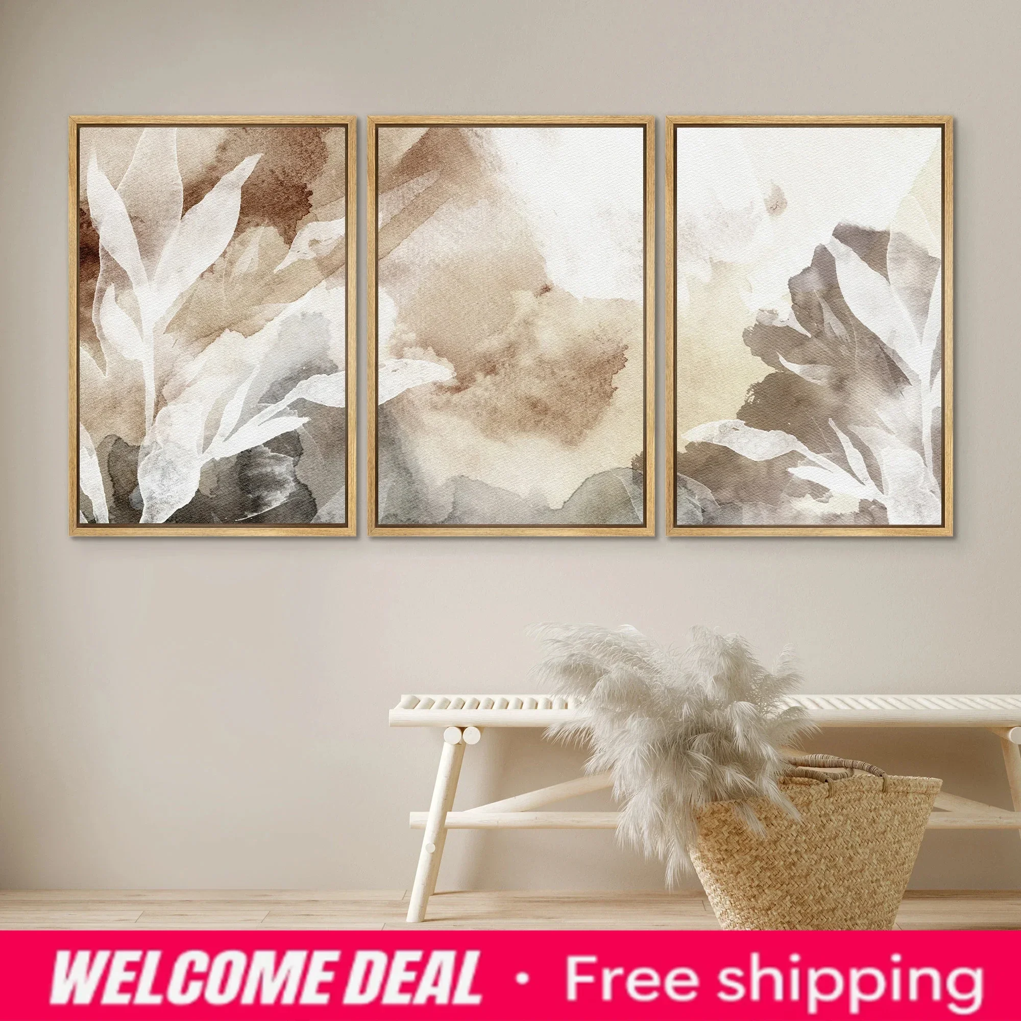 3PCS frameless decorative art print,Beige Watercolor Botanical Wall Art Set, Neutral Abstract Boho Leaf Canvas Prints, Minima