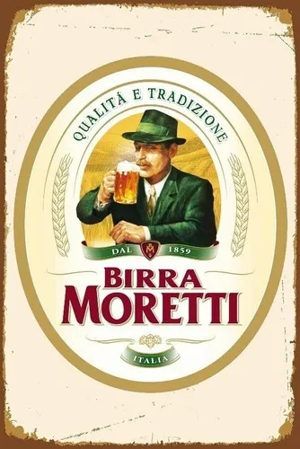 Placa/Sinal Metálico Retrô de Cerveja Italiana Birra Moretti para Pub, Bar, Caverna do Homem, tamanho pequeno