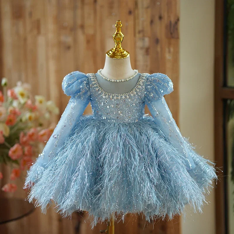 Customized Princess Ball Gown Dress Kids Diamond Backless Flowers Girls Dresses for Weddings Sequin Birthday Party Evening Dress