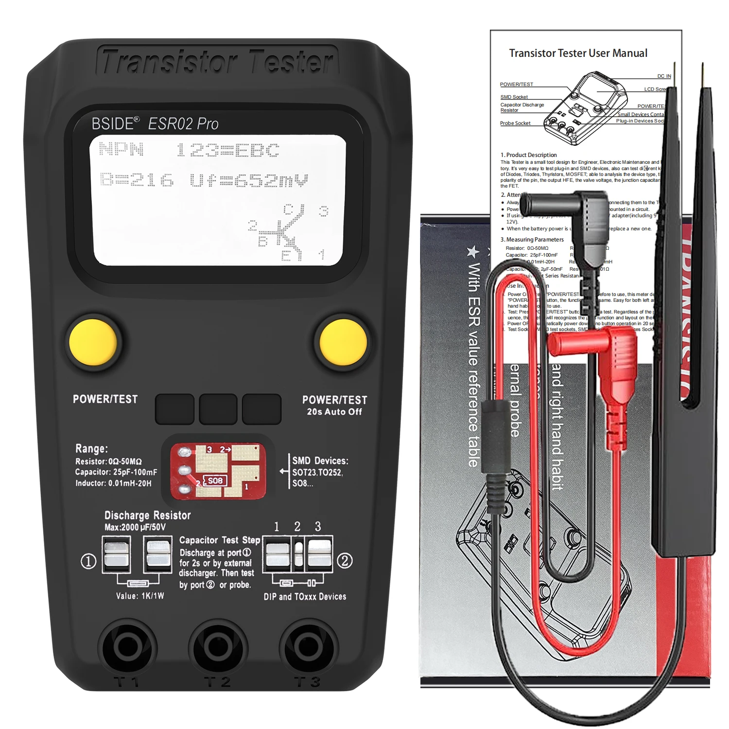 

BSIDE ESR02pro Multi-purpose Transistor ESR/SMD Tester Smart Diode Triode Capacitance Resistor Meter LCD meter MOS/PNP/NPN test