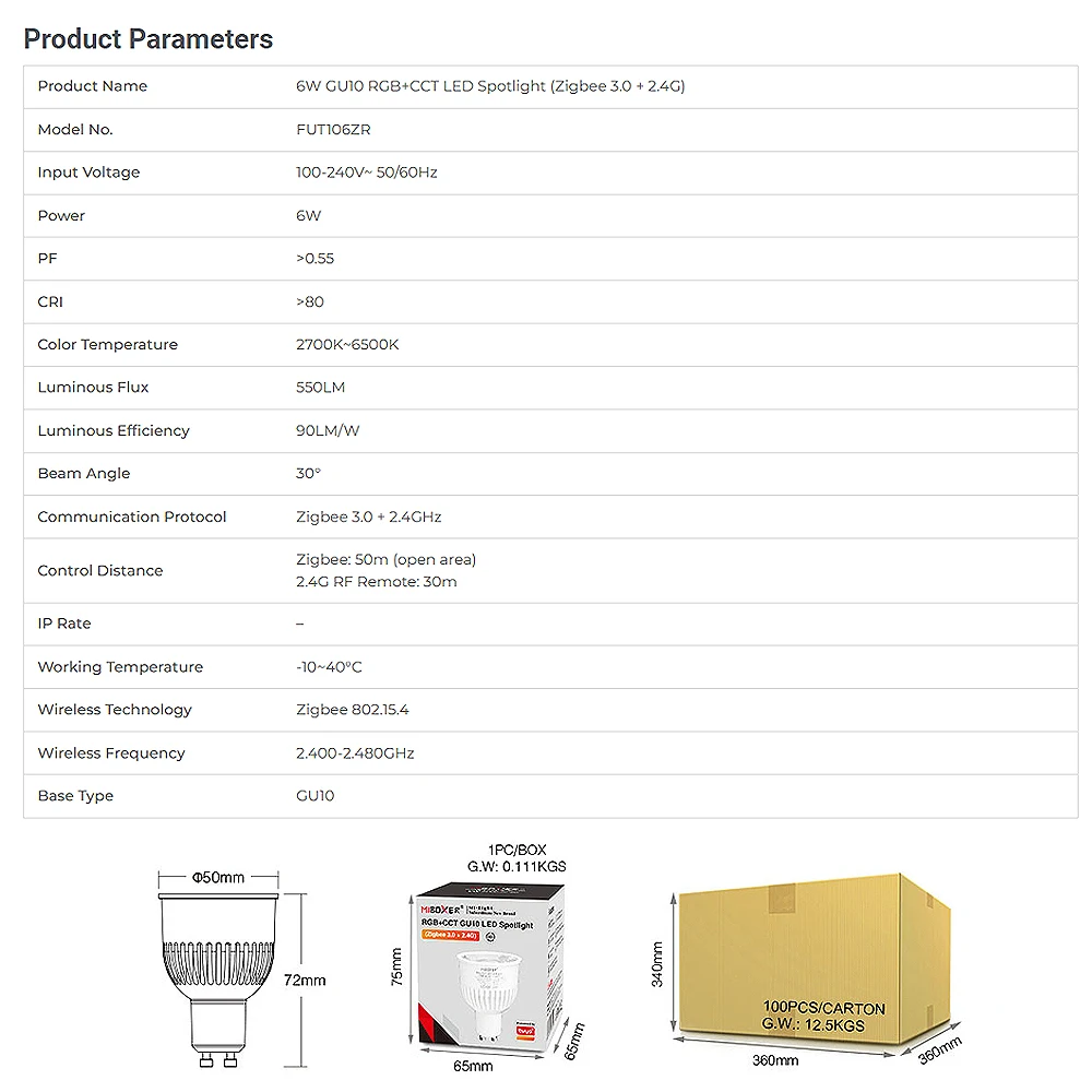 Miboxer FUT106ZR Zigbee 3.0+2.4GRF AC100-240V Smart TUYA  6W GU10 RGB+CCT Brightness/color temperature adjustable LED Spotlight