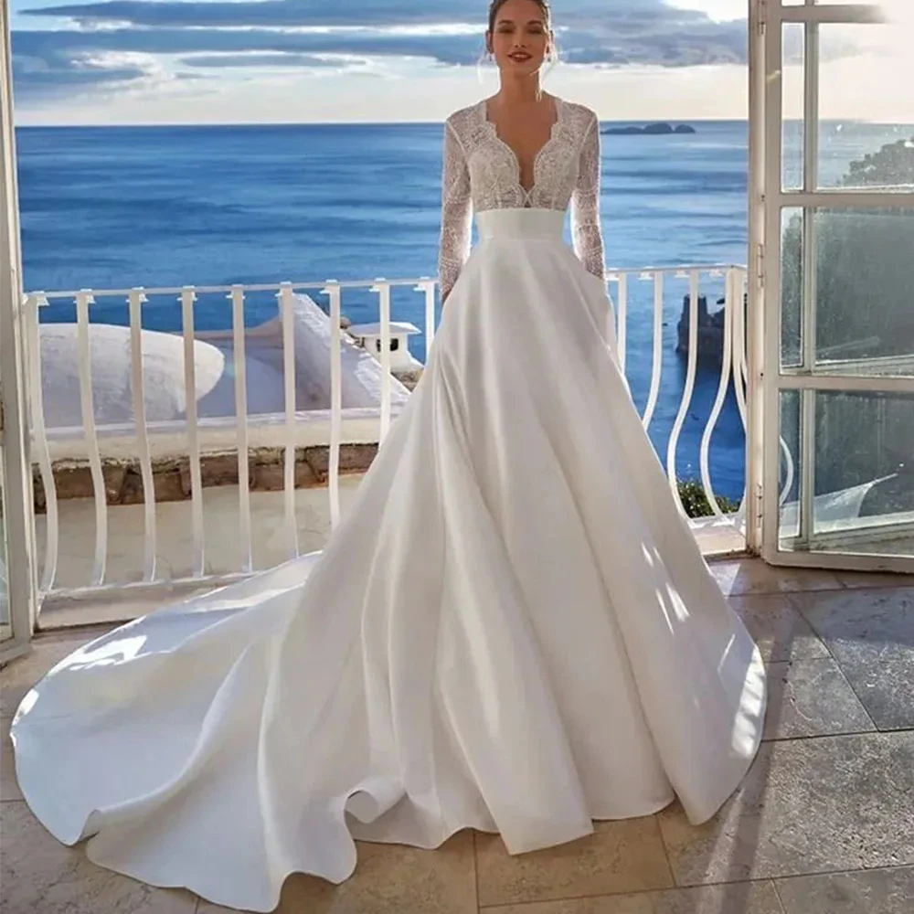 Luxury Wedding Dress For Women 2024 Modern V-neck Full Sleeves Illusion Tulle Bridal Gown A-Line Button Backless Robe De Mariée