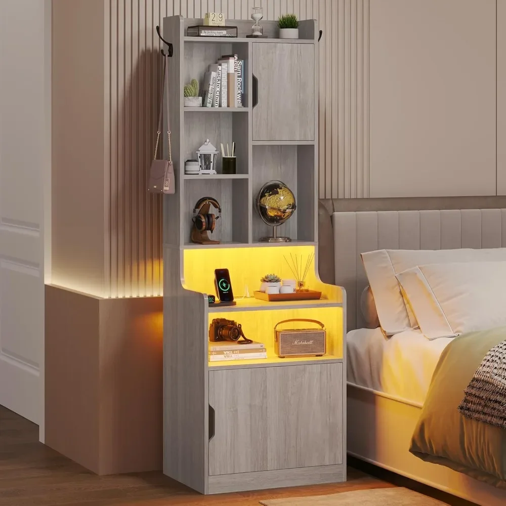 Nightstand with Charging Station, Large Shelves & Storage Cabinets, LED Bedside Table Set of 2 with Bookshelf & 2 Hooks