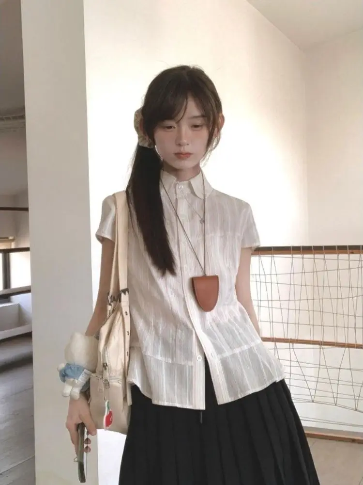 

Korean Sle Sweet Striped Waist-Cinching ort Sve irt Women's Summer 2025 New Design Slim Fit irt Top Button up ...