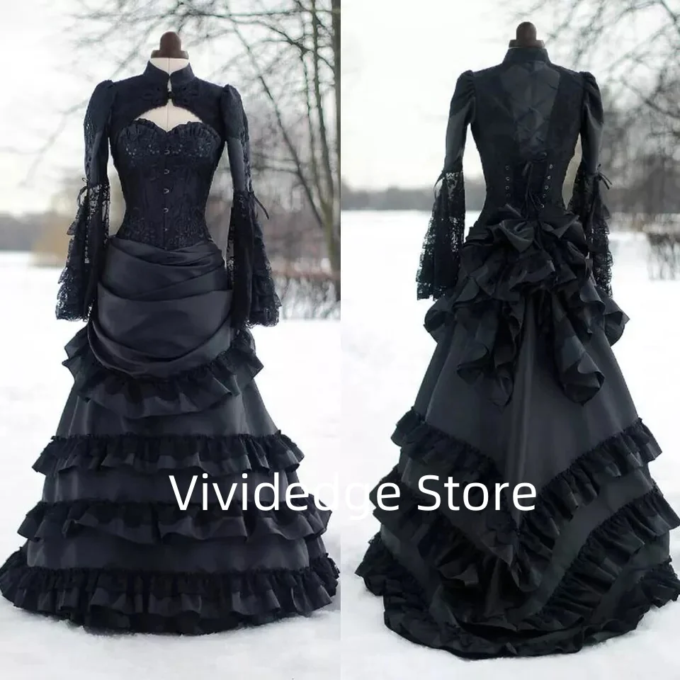 Vestidos de novia góticos Vintage negros personalizados, vestidos de novia escalonados con volantes de encaje satinado y cuello alto, vestidos de novia civiles