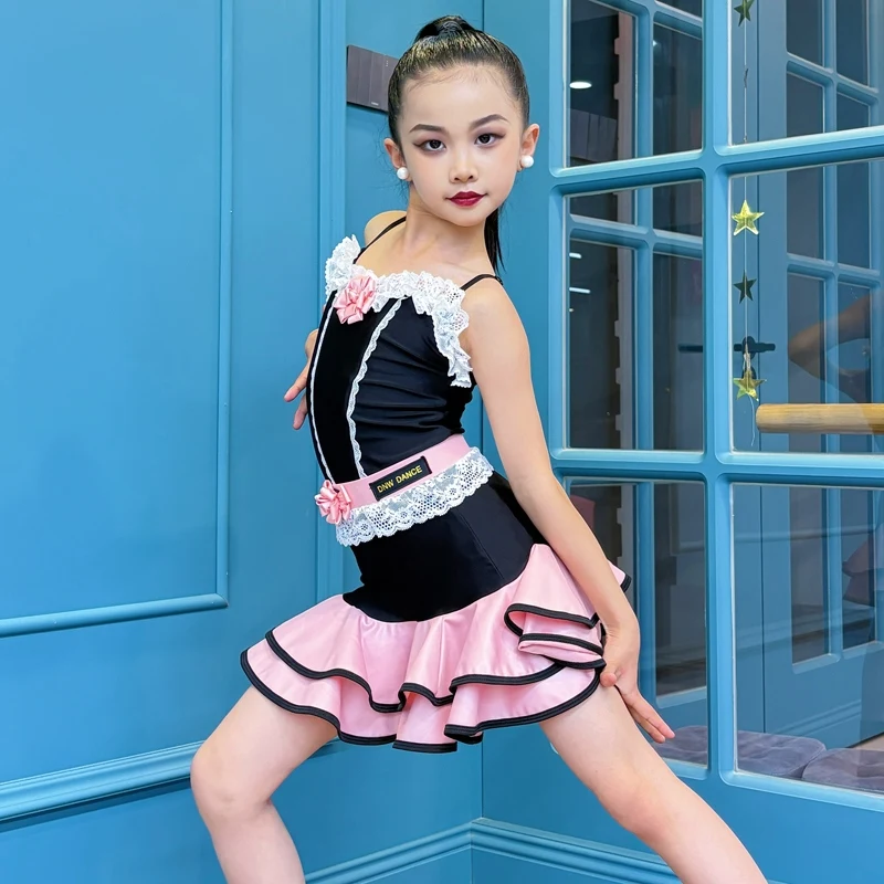 

Latin Dance Costume For Kids Dancing Performance Clothes Girls Salsa Training Clothes Suspender Bodysuit Pleated Skirt XH2562