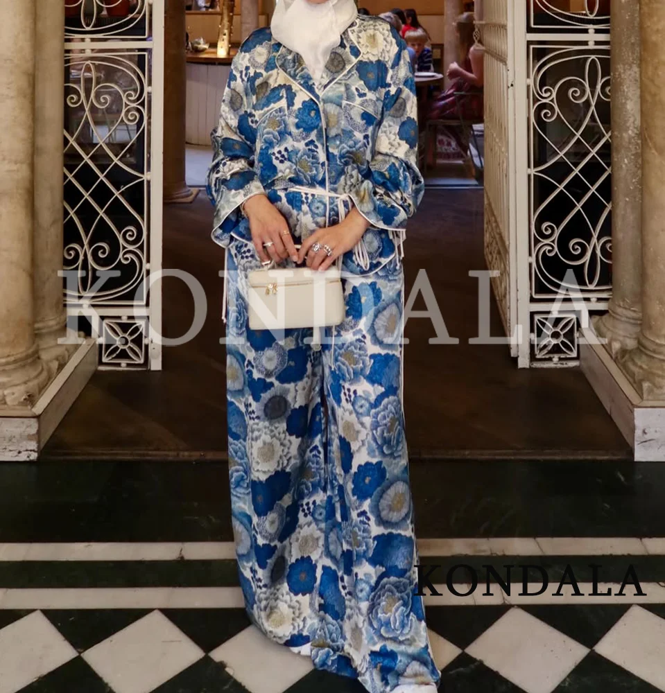 KONDALA Damen Elegantes Schickes Bedrucktes Hosenset 2026 Frühling Sommer Trendiges Urlaubs-Freizeitset Damen Schnür-Knopf-Hemden, Lange Hosen – Detail 3