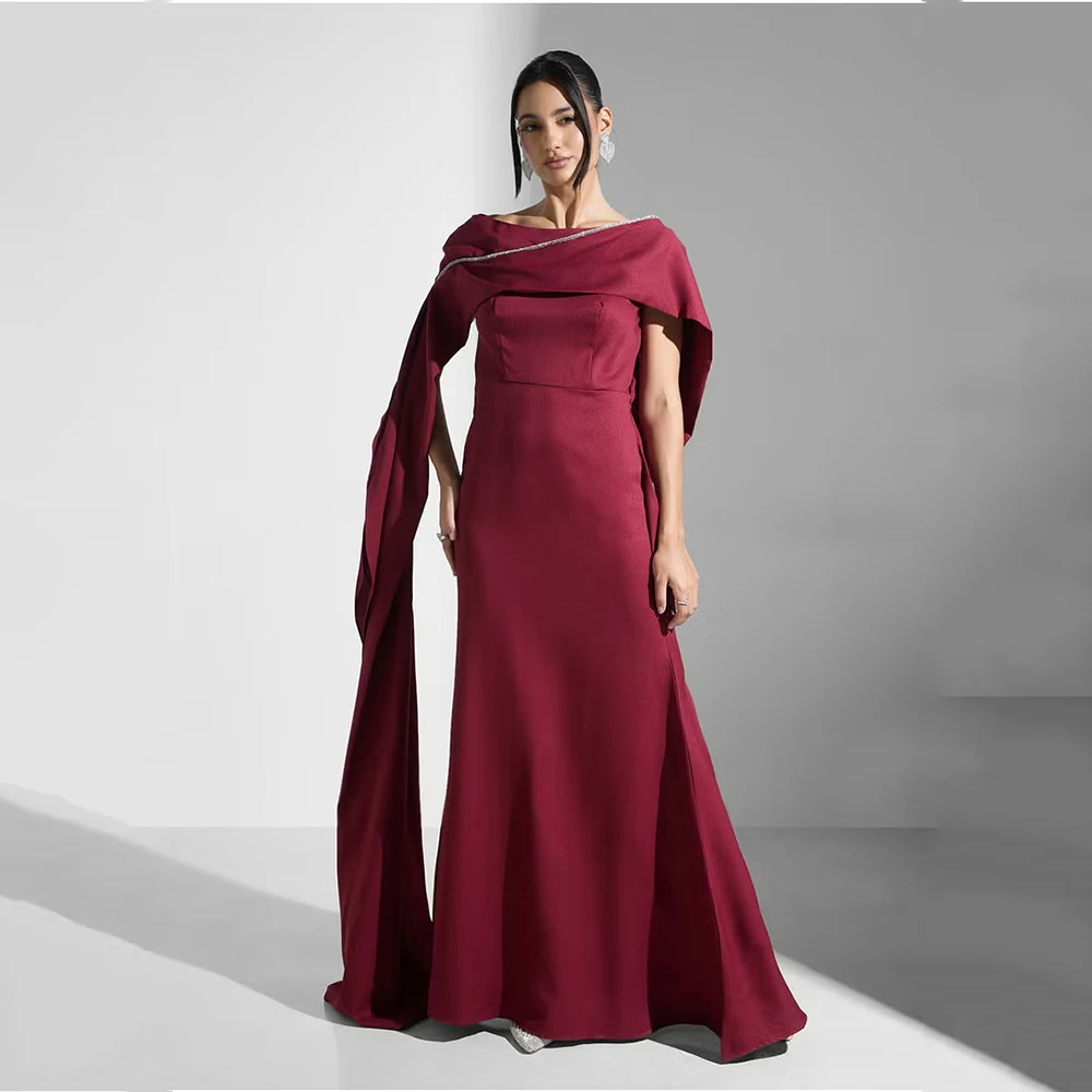 

Modern Burgundy Evening Dress For Wedding Floor Length Prom Dress Sheath Formal Party Gown Short Sleeves Saudi Arabia Dress