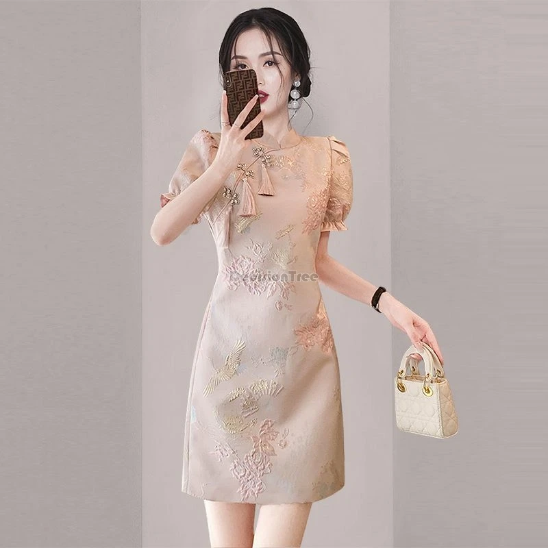 

2024 new chinese elegant slimming improved cheongsam dress summer women elegant bubble sleeve a-line fashion qipao dress w682