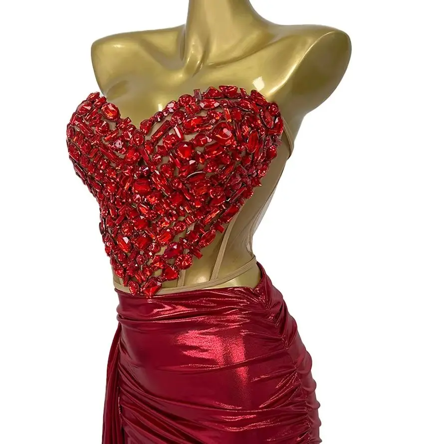 

Women Celebrate Party Birthday NightClub Performance Stage Outfit Show Wear Sparkly Red Diamonds Sexy Top Skirt 2 Pcs Set Aixin
