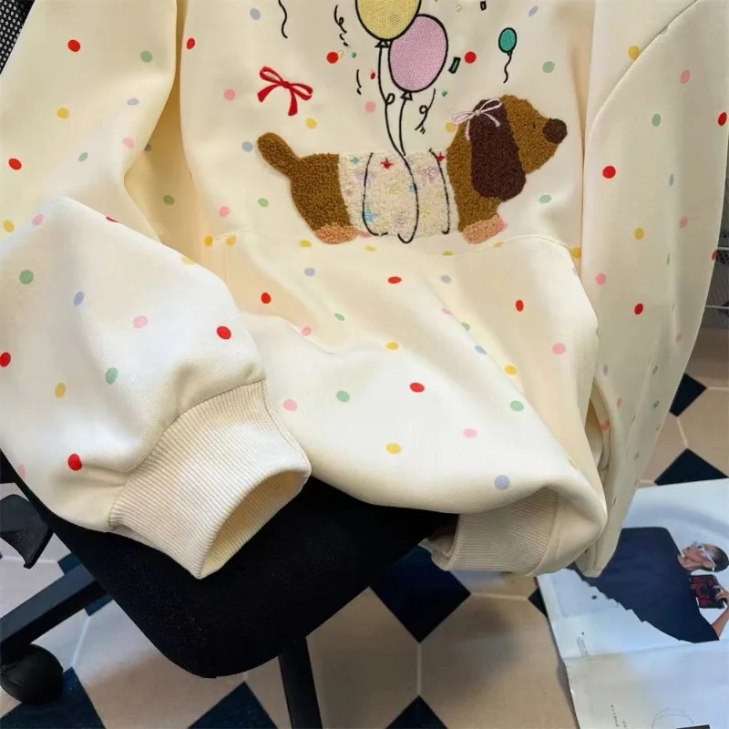 ダックスフント犬刺繍かわいい水玉模様ルーズフード付きスウェットシャツ韓国秋冬新作怠惰なカレッジスタイルベルベットジャケット