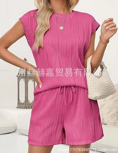 

Women Two-piece Set Casual Daily Outdoor Home Texture Pattern Round Neck Short Sleeve Tee Tops and Drawstring Pocket Shorts Set