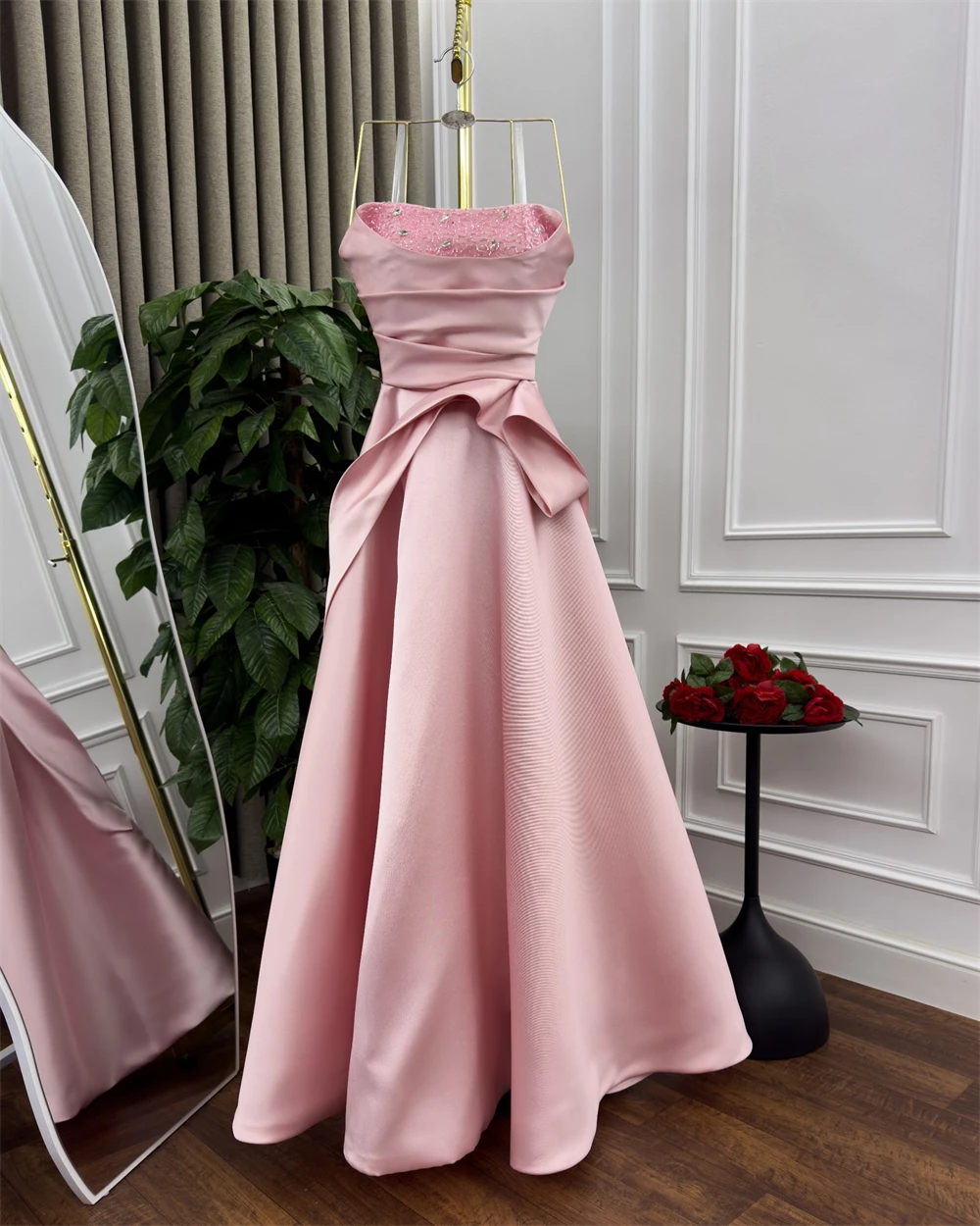 Customized Evening Dress Classic Satin Strapless Spaghetti Straps Sleeveless Prom Gowns Elegant A-Line Crystal Party Dresses