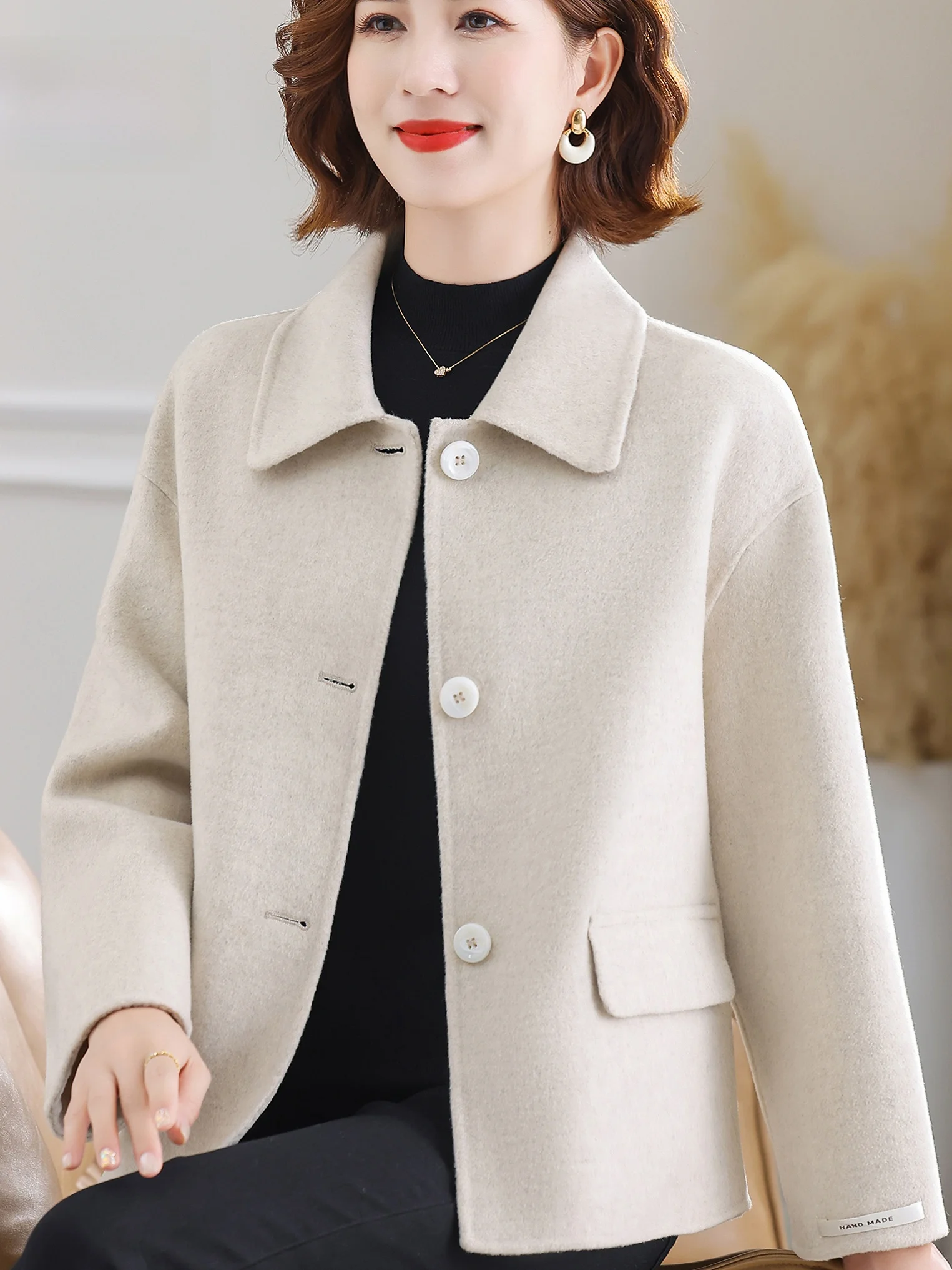 

Осенне-зимнее двустороннее шерстяное пальто, женское свободное пальто с откидным воротником для мамы, открытое пальто-кардиган, корейское теплое пальто