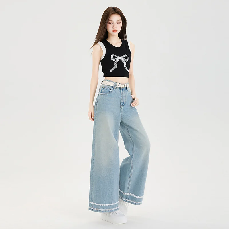 Hoge taille rechte jeans dames enkellange jeans kant gesplitste zakken rits losse pasvorm 2025, casual wijde pijpen broek