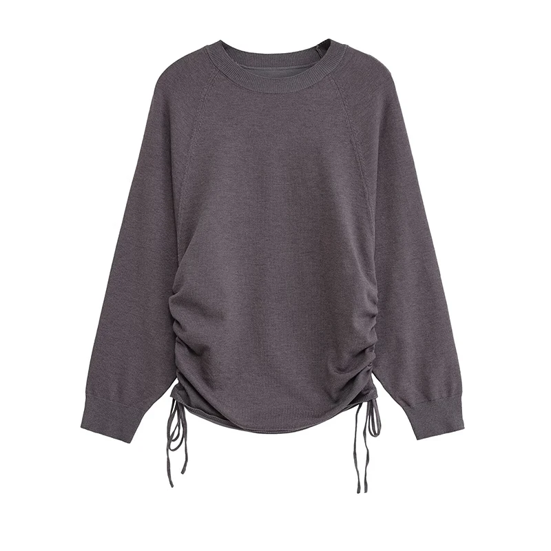 

YENKYE новые женские серые вязаные пуловеры с длинными рукавами и круглым вырезом, регулируемая боковая драпировка с завязками, повседневный осенний свитер