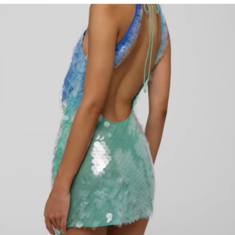 ผู้หญิงเลื่อมSparklyชุดมินิเซ็กซี่Hollow Out Backless Y2K HalterคอชุดGlitter Party ClubชุดBodycon Vestido