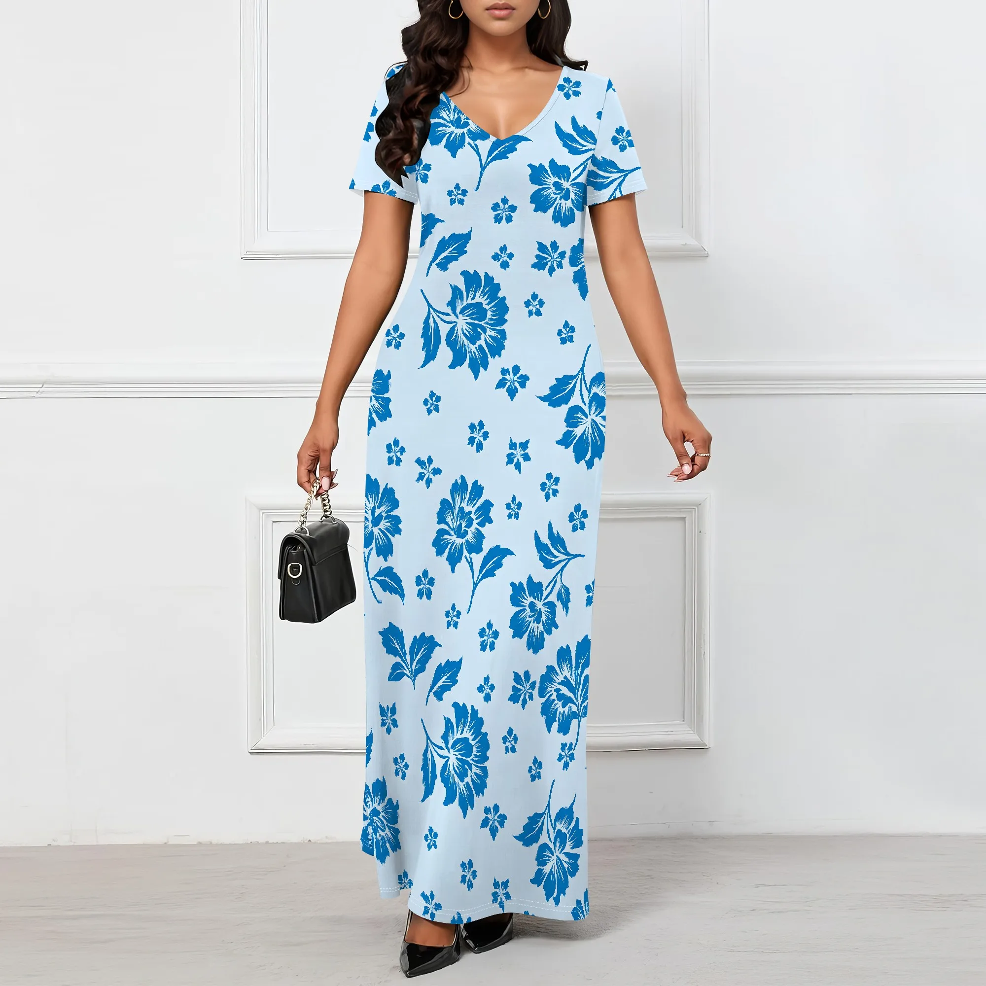 ชุดเดรสฤดูร้อนสตรี 2025 พัฟลําลองแขนสั้น V คอดอกไม้ Boho ฉัตร Ruffle Maxi Dress พร้อมกระเป๋า