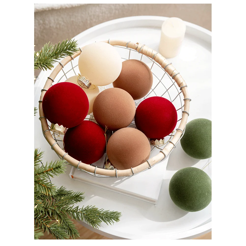 12pcs Christmas Ornaments Custom 6cm Flocked Christmas Ornaments Wine Red Coffee Green 12 Pack Bulk Xmas DIY Decorations