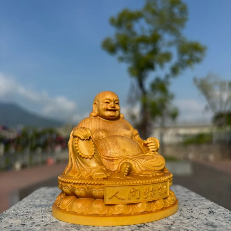 Hand-Carved Boxwood Maitreya Buddha Statue - 3.9