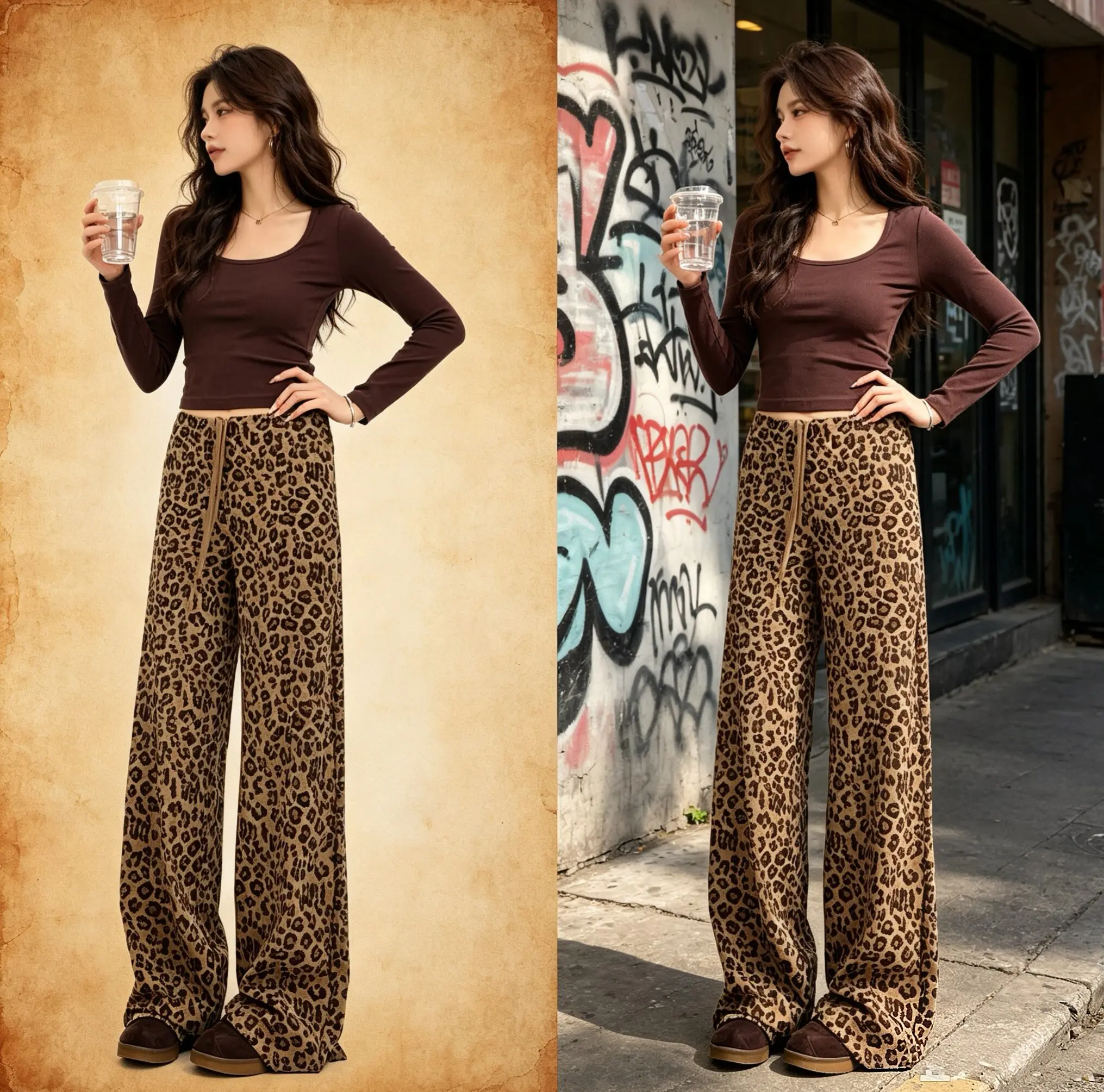 Leopardenmuster-Hose mit geradem Bein für Damen, Leggings, hochtaillierte, locker fallende Sporthose, Damen-Fitnesshose, schlankmachende Yogahose. – Detail 8