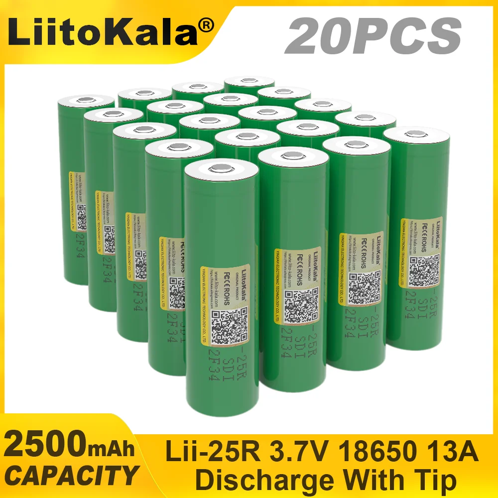 LiitoKala Rechargeable Lithium Battery, High Capacity Nickel Battery, DIY, Lii-25R, 18650, 3.7 V, 2500mAh pointed