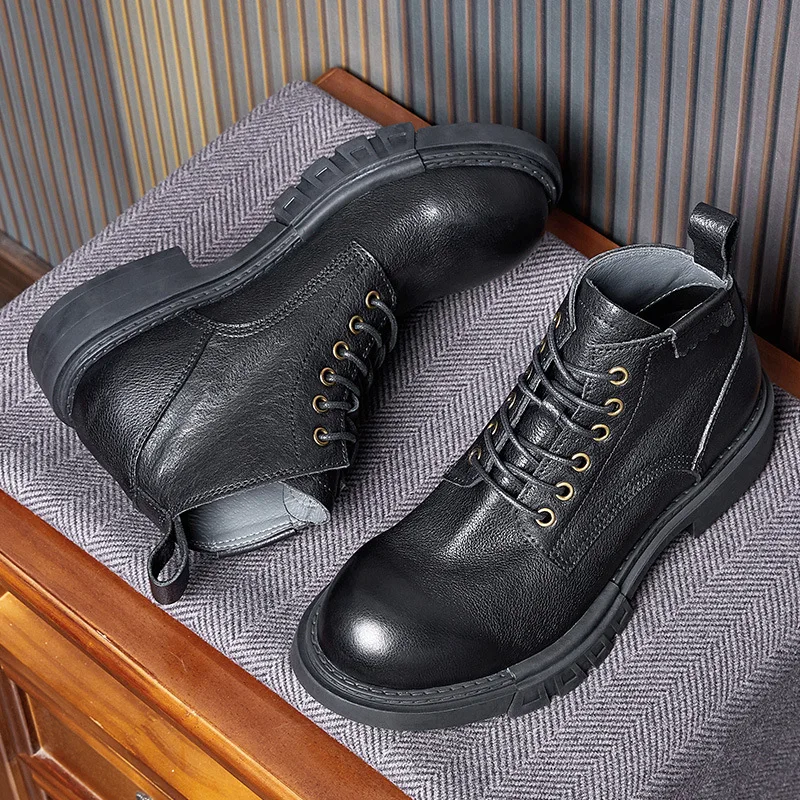 High-Grade Leather Men's Soft Work Boots Cool Man British Retro Thick-sole All-match Winter Shoes Businessman