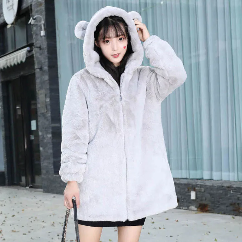 2024 New Arrival Imitation Fake Rabbit Fur Coat Women's Long Korean Style Thin Sweet Hooded Fur Overcoat Kawaii Girls Jackets