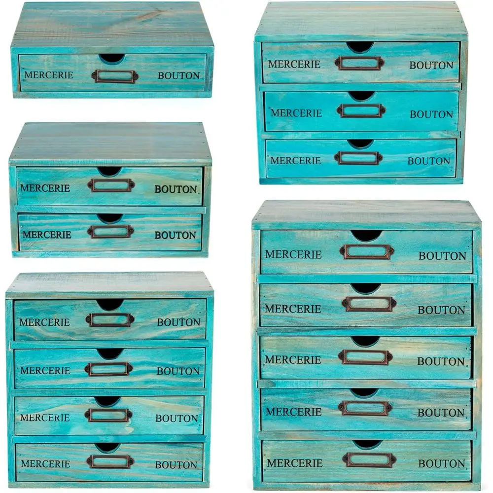 

Turquoise Wooden 5-Piece Cabinet Set, European Style Desk Organizer with Stackable Drawers and Label Holders