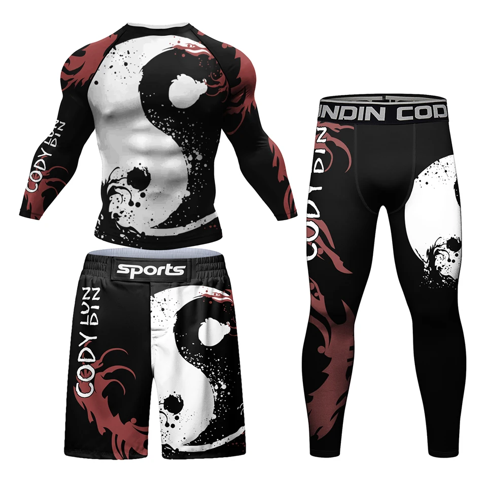 MMA BJJ Rashguard t-shirty + zestaw spodni Jiu Jitsu Rash Guard dres koszulki bokserskie Muay Thai kompresyjne męskie ubrania do kickboxingu