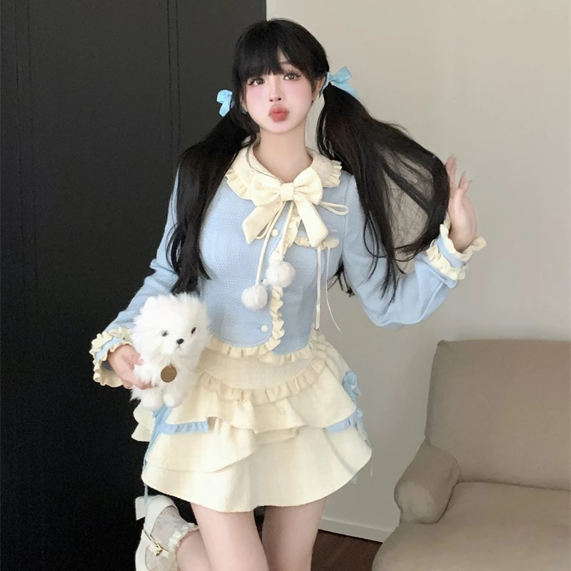 Blue Kawaii Lolita Style gonna Set donna Sweet Bow Peter Pan Collar giacche corte cappotto Slim minigonne abito moda coreana 2024