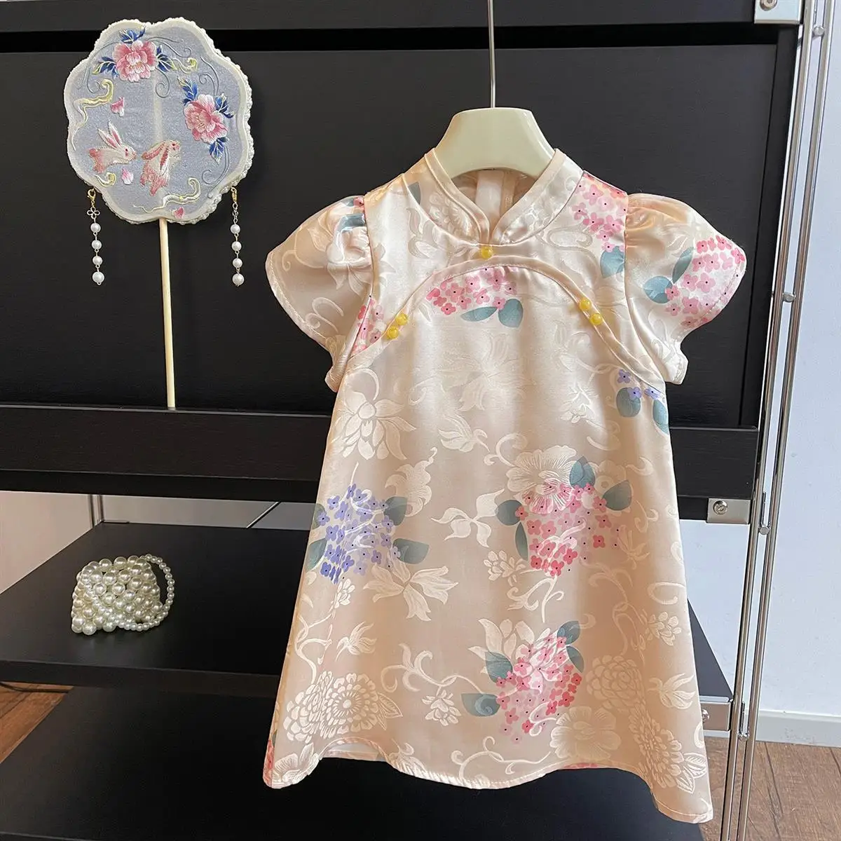 

Girls' Dress Summer New Chinese Style Cheongsam Dress Western Style Children's Bubble Sleeve Princess Dress