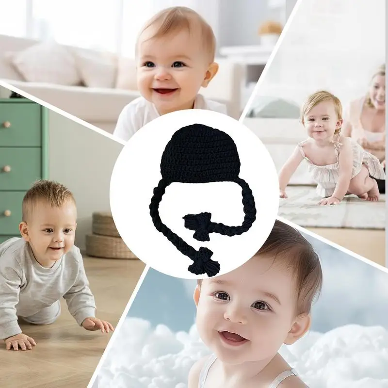 Baby Wig Beanie Double Braides Knitted Hat Winter Hat Cute Headwear Photo Props Bonnet Cap for Baby Aged 0-6 Months