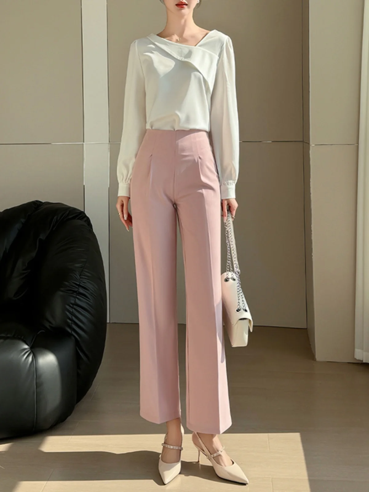 

Розовые брюки с высокой талией, прямые, с молнией, зауженные, весна-осень, новые, для офиса, деловые, женские