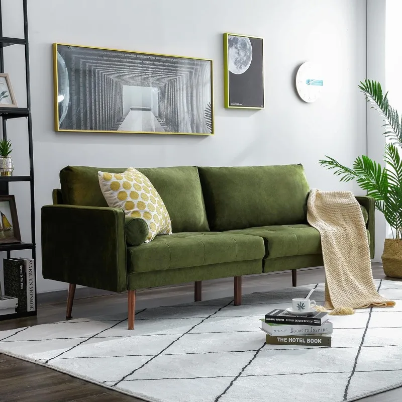 Sofa beludru, pertengahan abad pengerjaan Modern Sofa 3 tempat duduk 73 inci dengan bantal sandaran nyaman berumbai dan 2 Bantal Guling