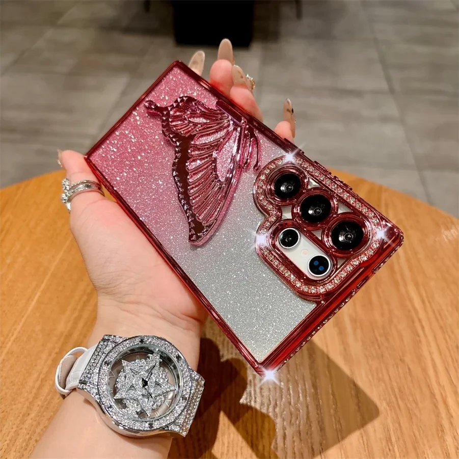 فراشة قوس حامل بريق الحال بالنسبة لسامسونج غالاكسي S25 الترا S24 FE S23 S22 زائد A26 A36 A52 A53 A12 الماس غطاء الموضة