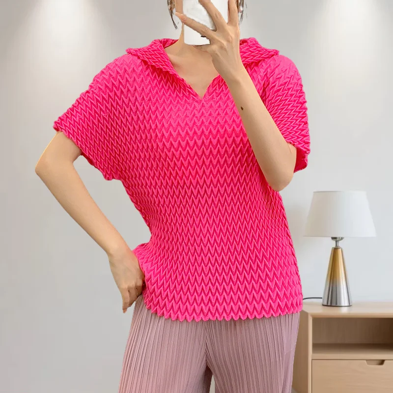 

Summer Miyake Pleated Round Neck Solid Color Peplum Loose Lapel Tops Women Simple Loose Plus Size with Stretch Commuter Clothing